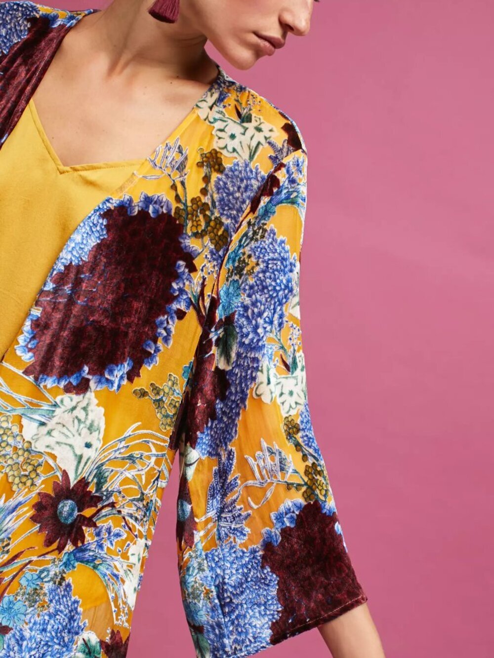 Anthropologie FLOREAT Aurelia Yellow Floral Burnout Velvet Kimono, One Size - Picture 3 of 13